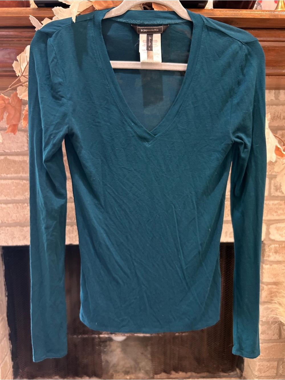 BCBGMaxAzria Teal V-Neck Long Sleeve Shirt EUC
